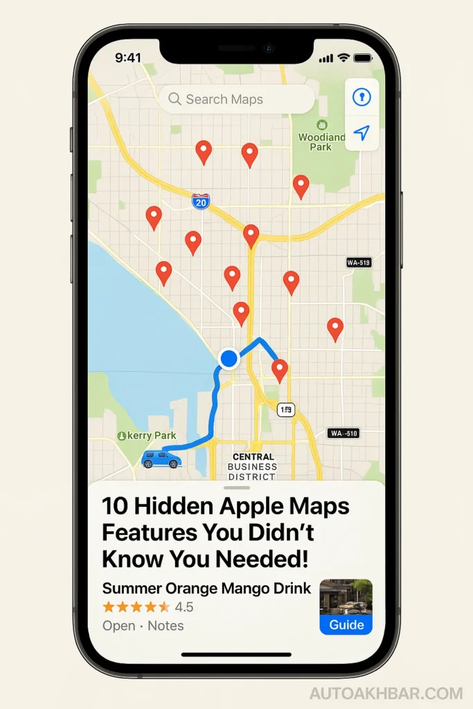 An iPhone displaying Apple Maps with active navigation, saved places, and Siri suggestions under the 10 hidden features blog.