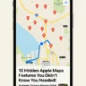An iPhone displaying Apple Maps with active navigation, saved places, and Siri suggestions under the 10 hidden features blog.