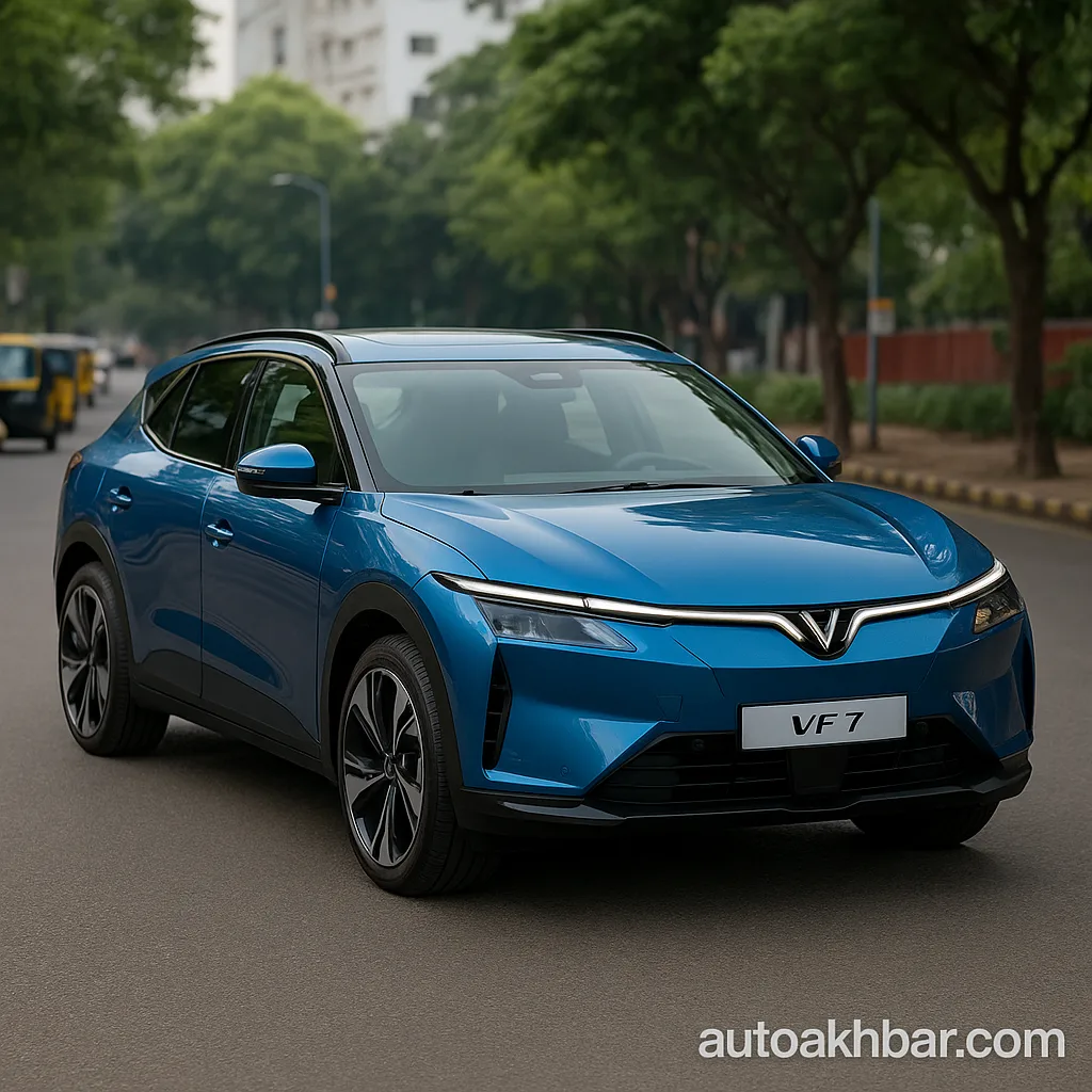VinFast VF7 India Premium electric SUV parked on Indian street with LED lights and coupe-like styling