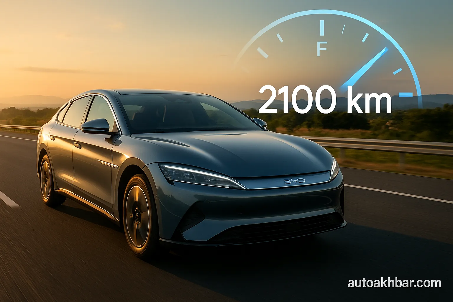 BYD Hybrid Car 2025 driving with 2100km range indicator at sunset on highway – autoakhbar.com