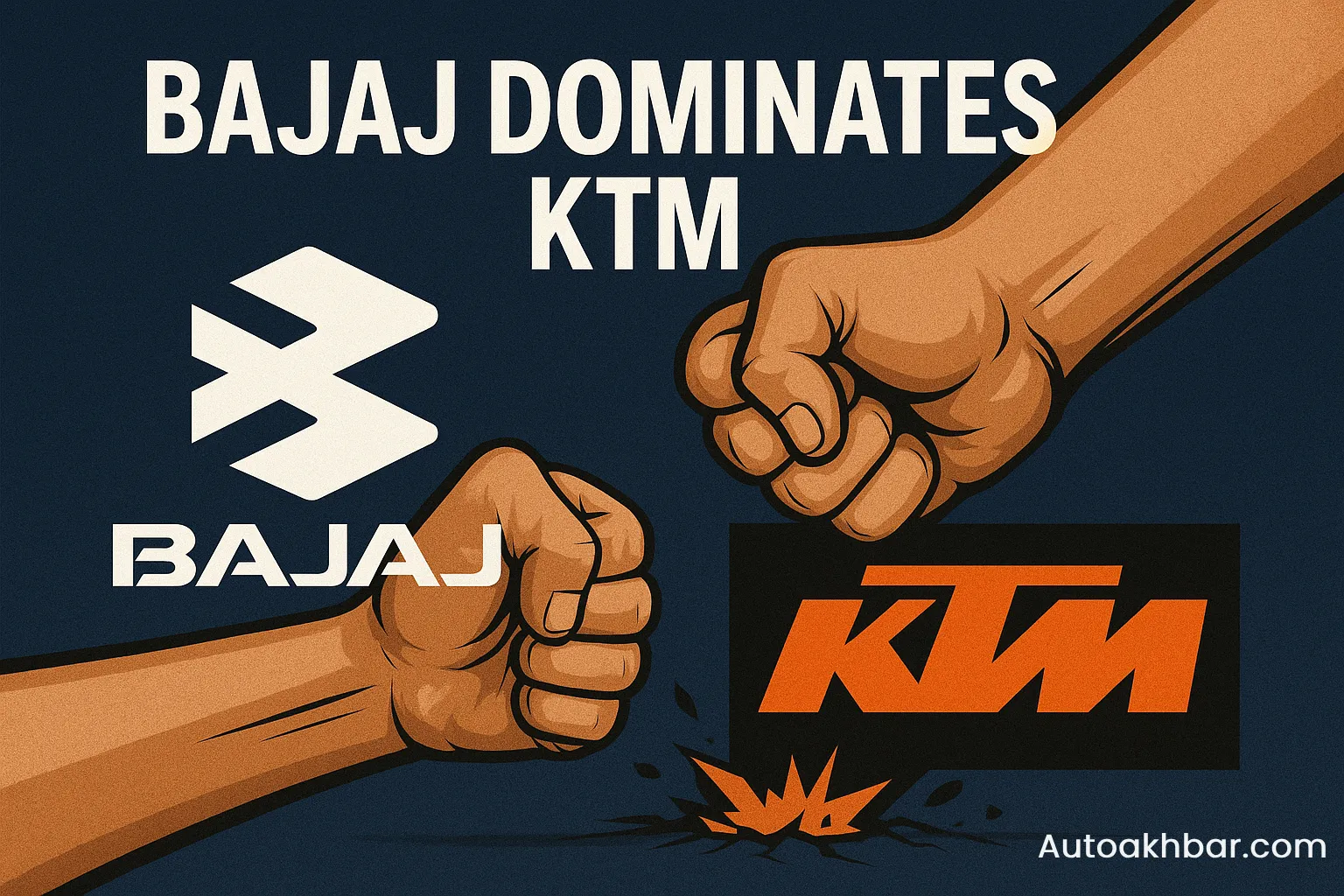 Illustration showing Bajaj defeating KTM in 2025 motorcycle market – AutoAkhbar