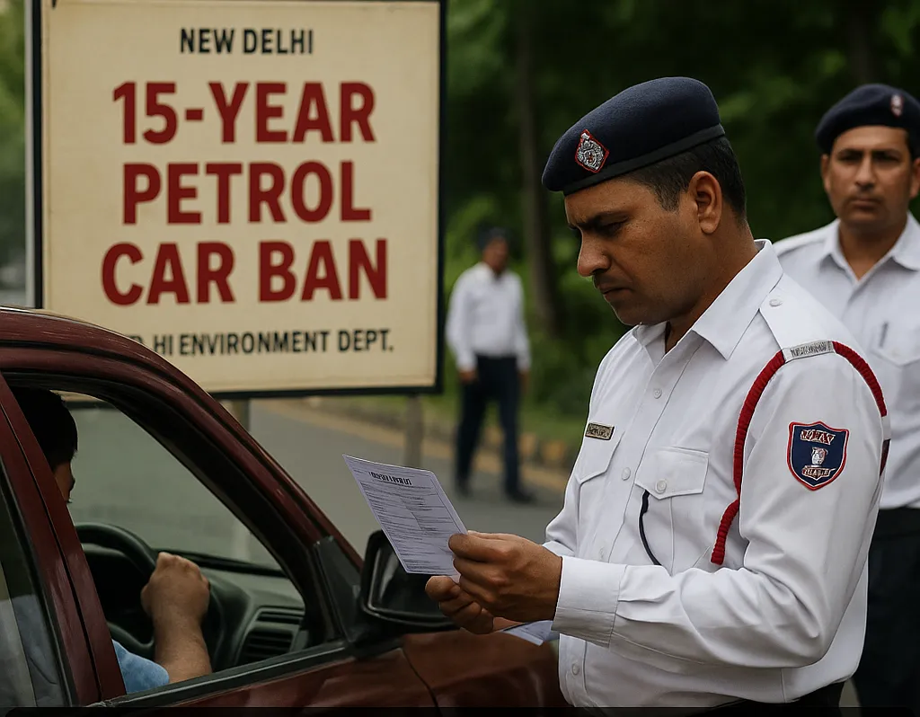 दिल्ली ट्रैफिक पुलिस अधिकारी एक पुरानी पेट्रोल गाड़ी के दस्तावेज़ों की जांच करते हुए, जुलाई 2025 के वाहन बैन के दौरान।