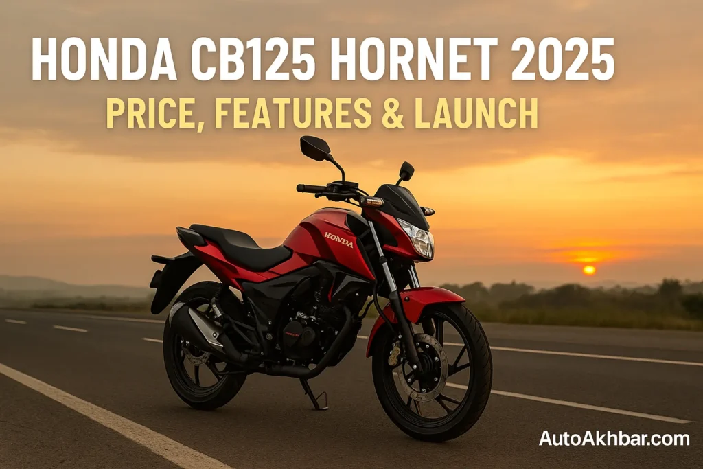 Honda CB125 Hornet 2025 showcased in digital promotional poster with AutoAkhbar.com branding