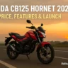 Honda CB125 Hornet 2025 showcased in digital promotional poster with AutoAkhbar.com branding