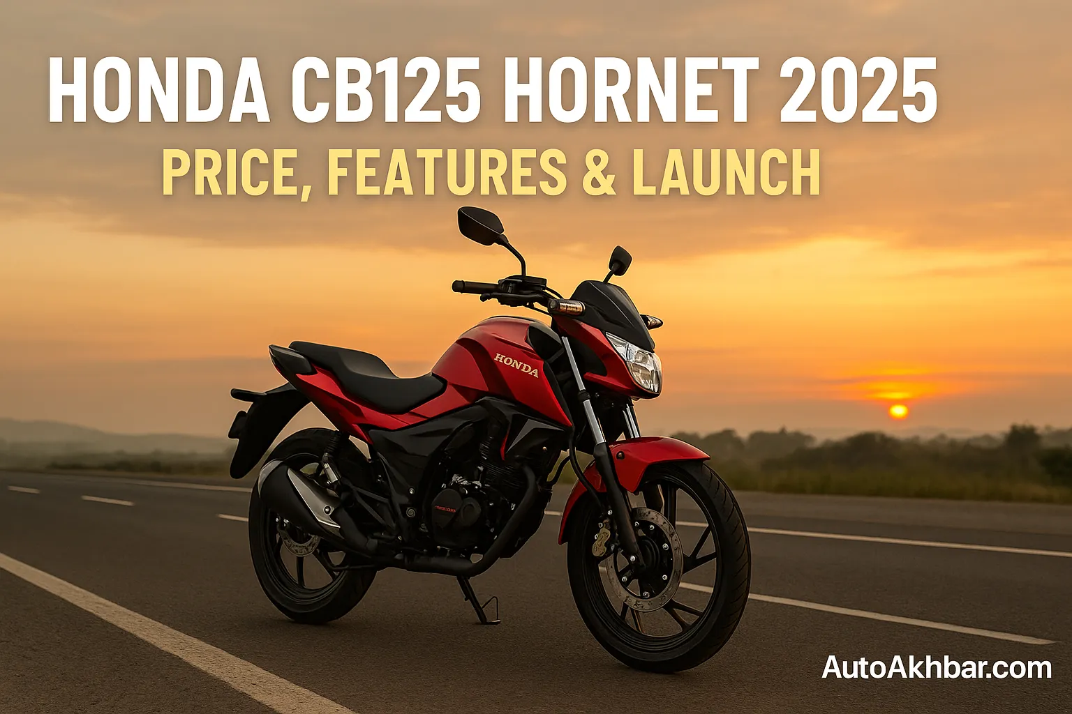 Honda CB125 Hornet 2025 showcased in digital promotional poster with AutoAkhbar.com branding