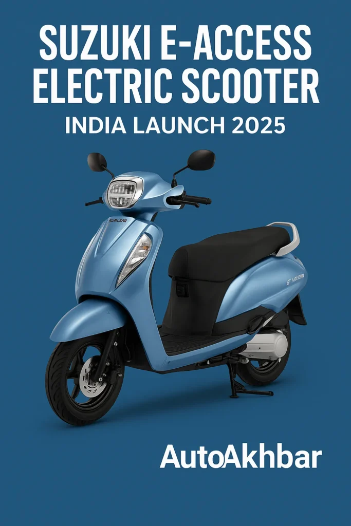 Side view of the Suzuki E-Access electric scooter displayed in a futuristic showroom with AutoAkhbar.com branding