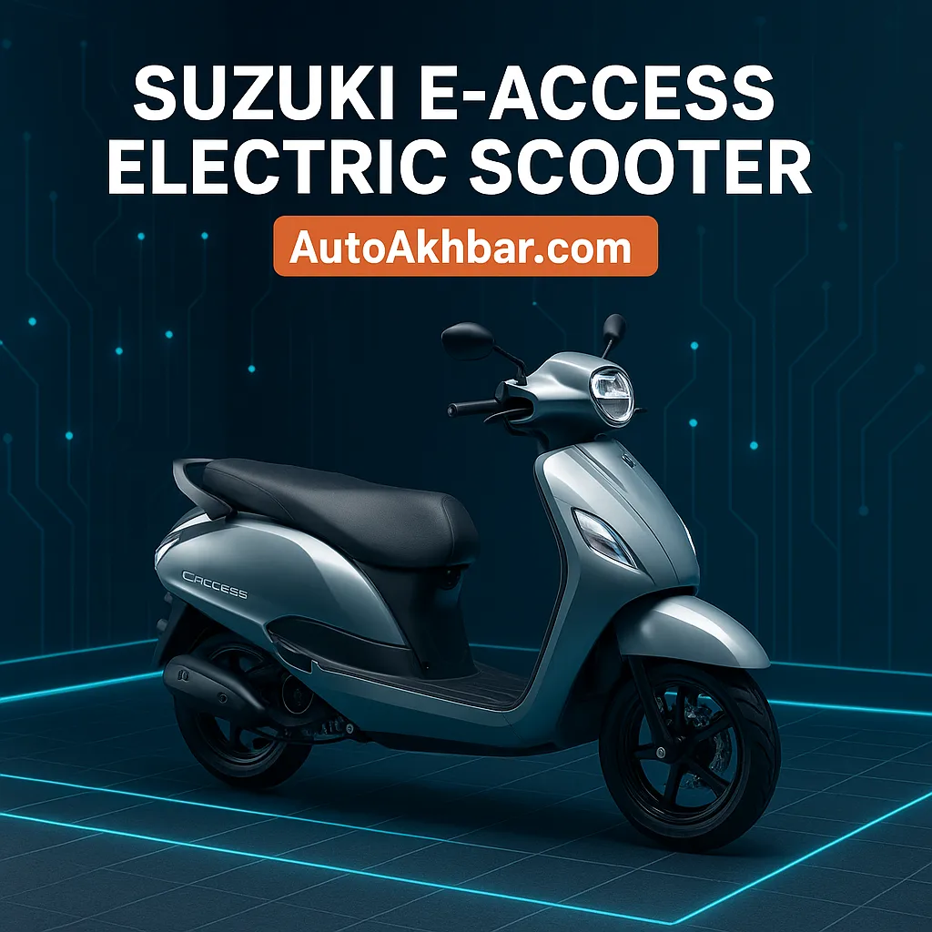 Side angle view of Suzuki E-Access electric scooter with AutoAkhbar.com branding on a futuristic city backdrop