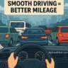 Smooth driving in heavy city traffic improves fuel efficiency, dashboard view of a car