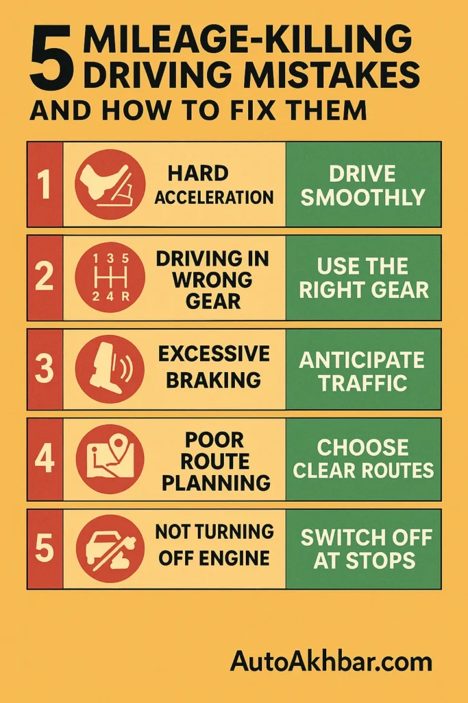 Driving Mistakes that Reduce Mileage : Infographic showing five driving mistakes that reduce fuel mileage with tips to fix each