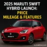 2025 Maruti Swift Hybrid in red showcasing front design with launch headline – autoakhbar.com