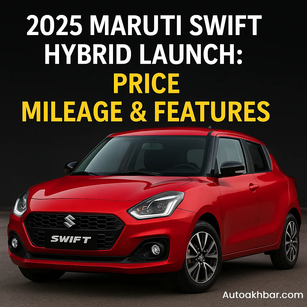 2025 Maruti Swift Hybrid in red showcasing front design with launch headline – autoakhbar.com