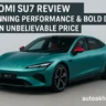 Xiaomi SU7 electric car in turquoise with red interior, displayed in a studio setting.