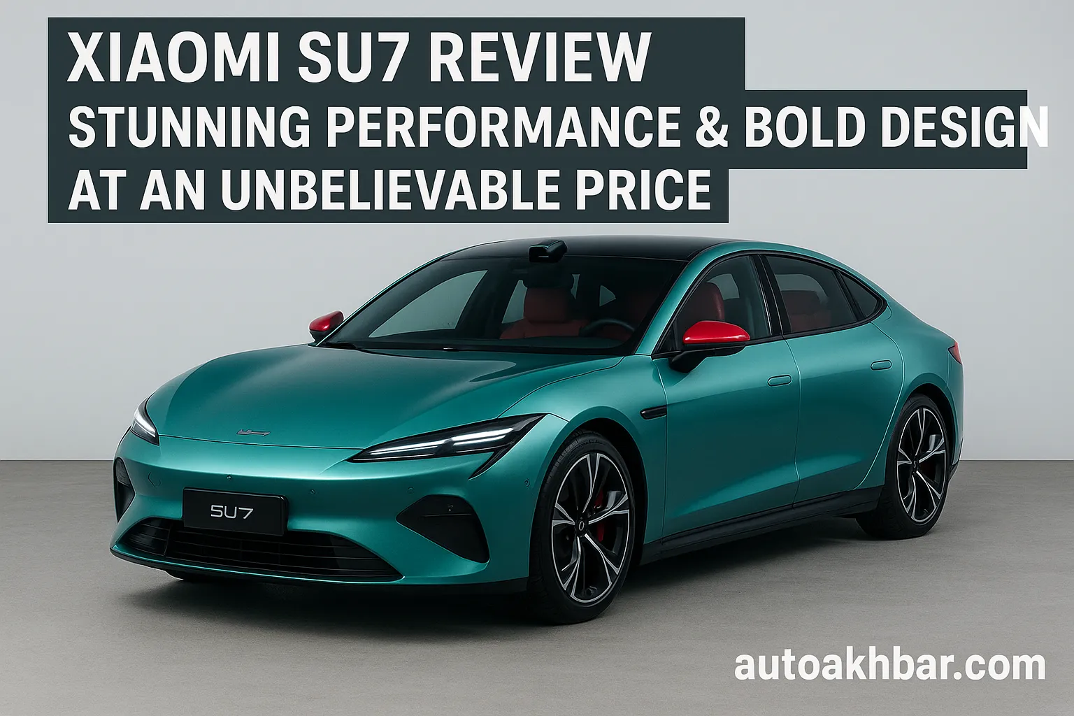 Xiaomi SU7 electric car in turquoise with red interior, displayed in a studio setting.