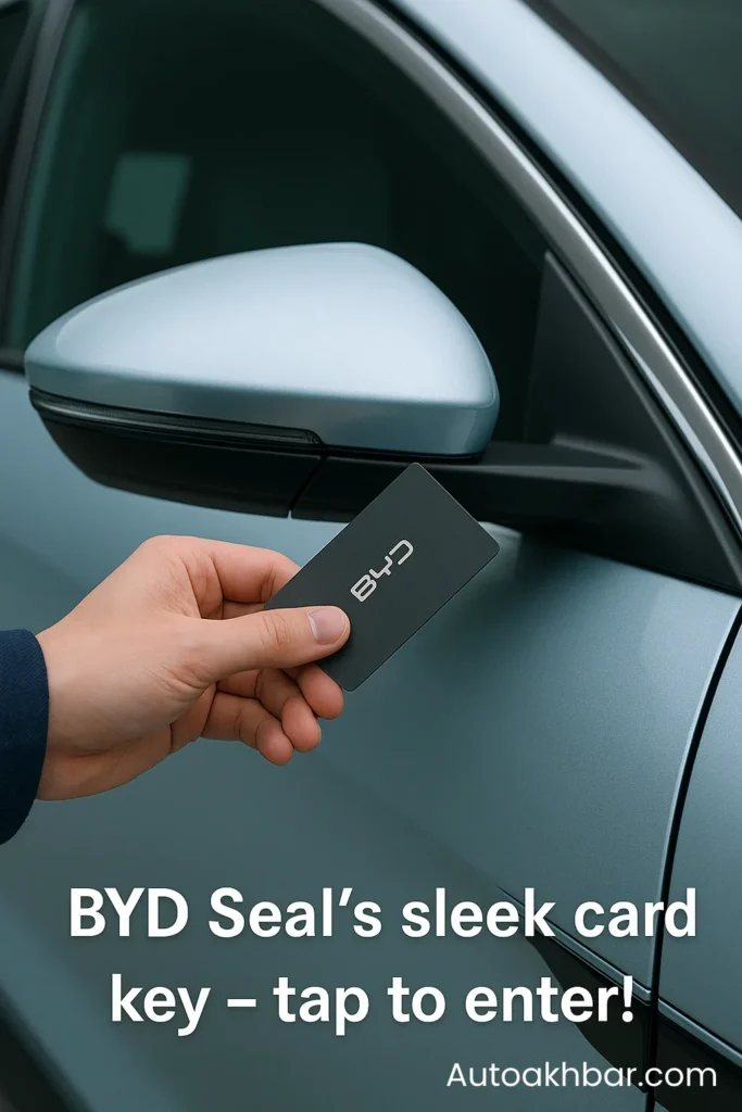 NFC card key being tapped on BYD Sealβs ORVM for smart entry