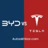 BYD vs Tesla 2025 electric car market comparison graphic – split background with brand logos