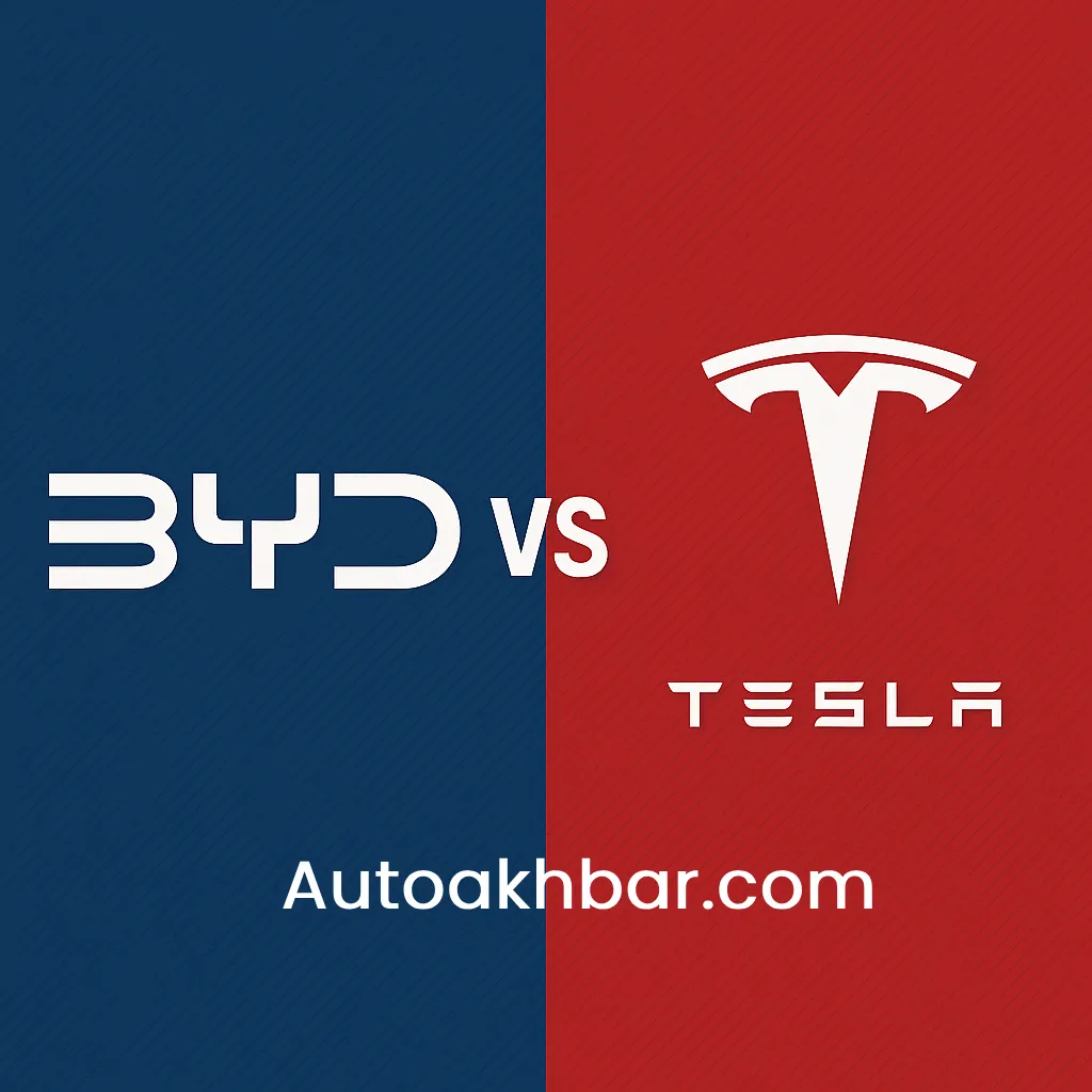 BYD vs Tesla 2025 electric car market comparison graphic – split background with brand logos