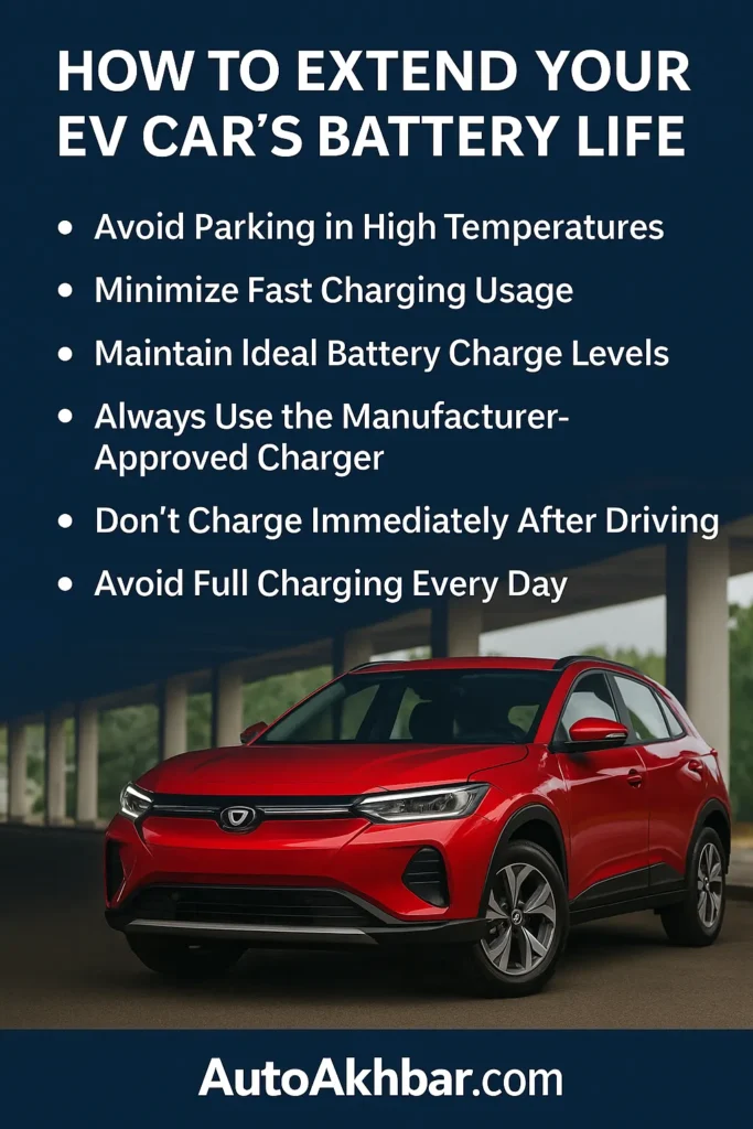 How to Extend Your EV Car's Battery Life : Red electric car parked at a charging station, representing EV battery health.