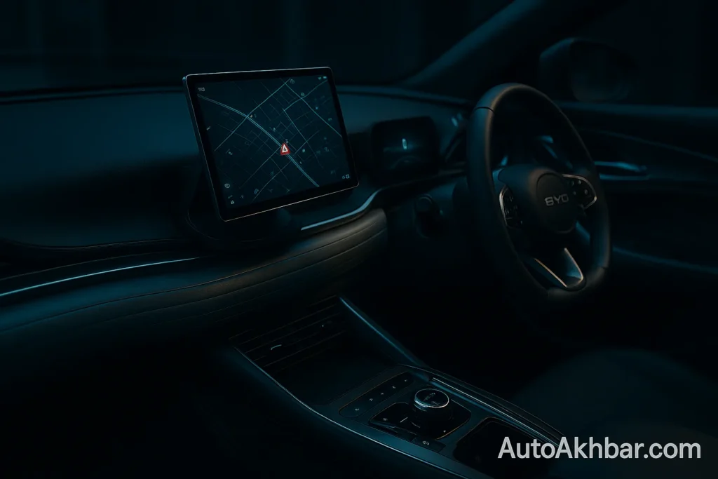 Close-up interior of BYD Atto 3 showing rotating touchscreen in action, glowing dashboard lights, and AutoAkhbar.com watermark — futuristic and tech-forward cabin design.