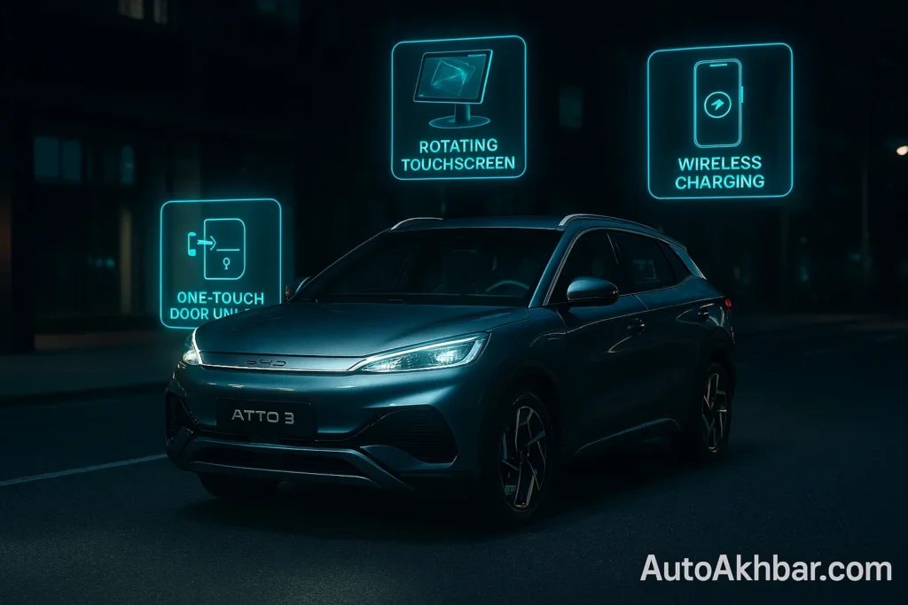 BYD Atto 3 Hidden Features electric SUV parked on a city road at night with glowing headlights and floating digital dashboard icons showcasing hidden features like rotating touchscreen, wireless charging, and one-touch door unlock.