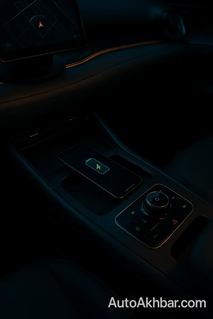 BYD Atto 3 center console showing smartphone on hidden wireless charging pad, ambient interior lighting, and AutoAkhbar.com watermark.