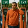 Man refueling car at petrol pump in India with ethanol-blended E27 fuel – 2025