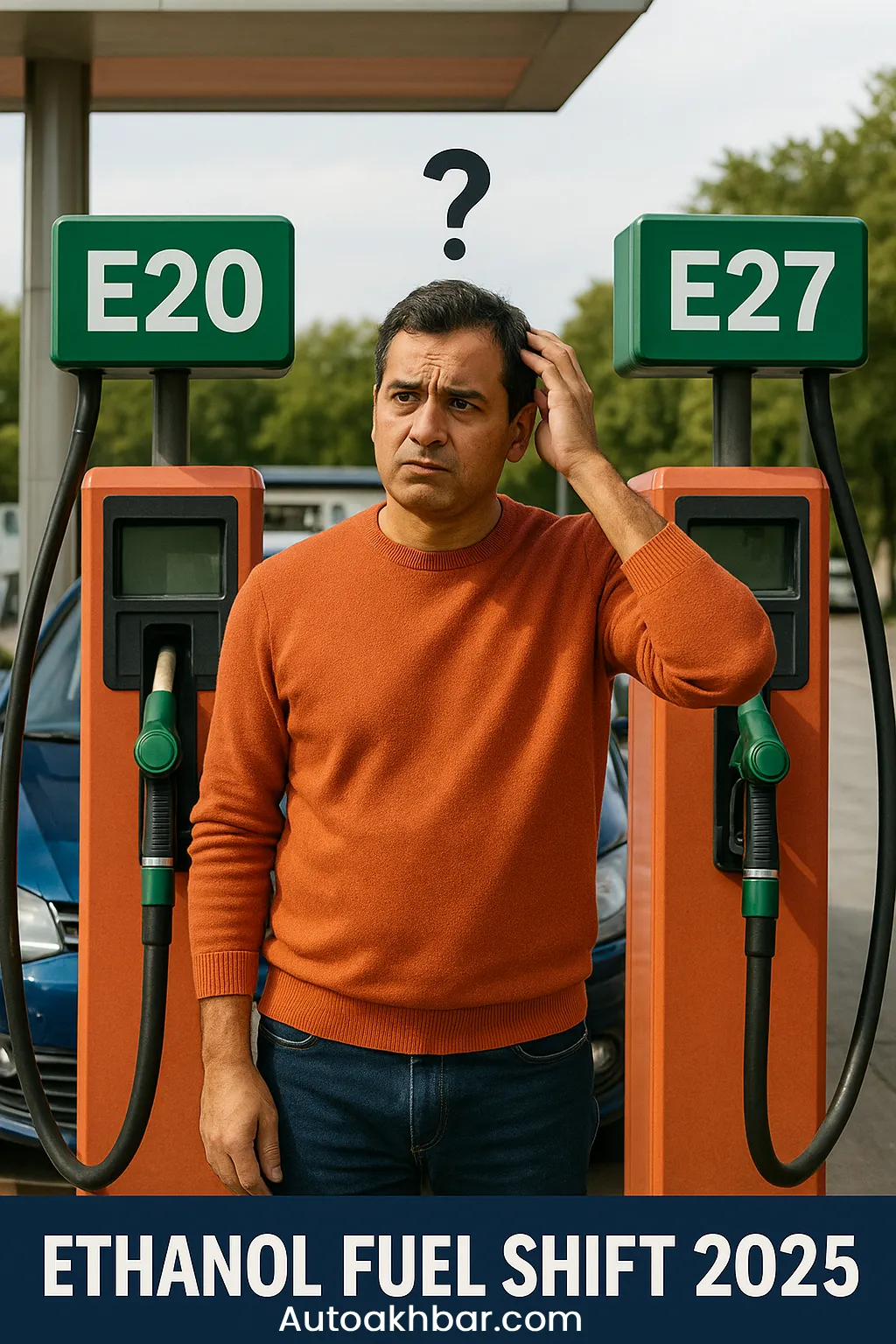 Man refueling car at petrol pump in India with ethanol-blended E27 fuel – 2025