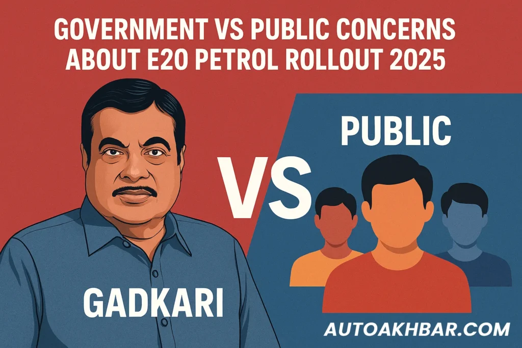 Digital illustration showing Nitin Gadkari facing the public over E20 petrol rollout concerns, with bold text of the primary keyword on the image.