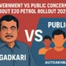 Digital illustration showing Nitin Gadkari facing the public over E20 petrol rollout concerns, with bold text of the primary keyword on the image.