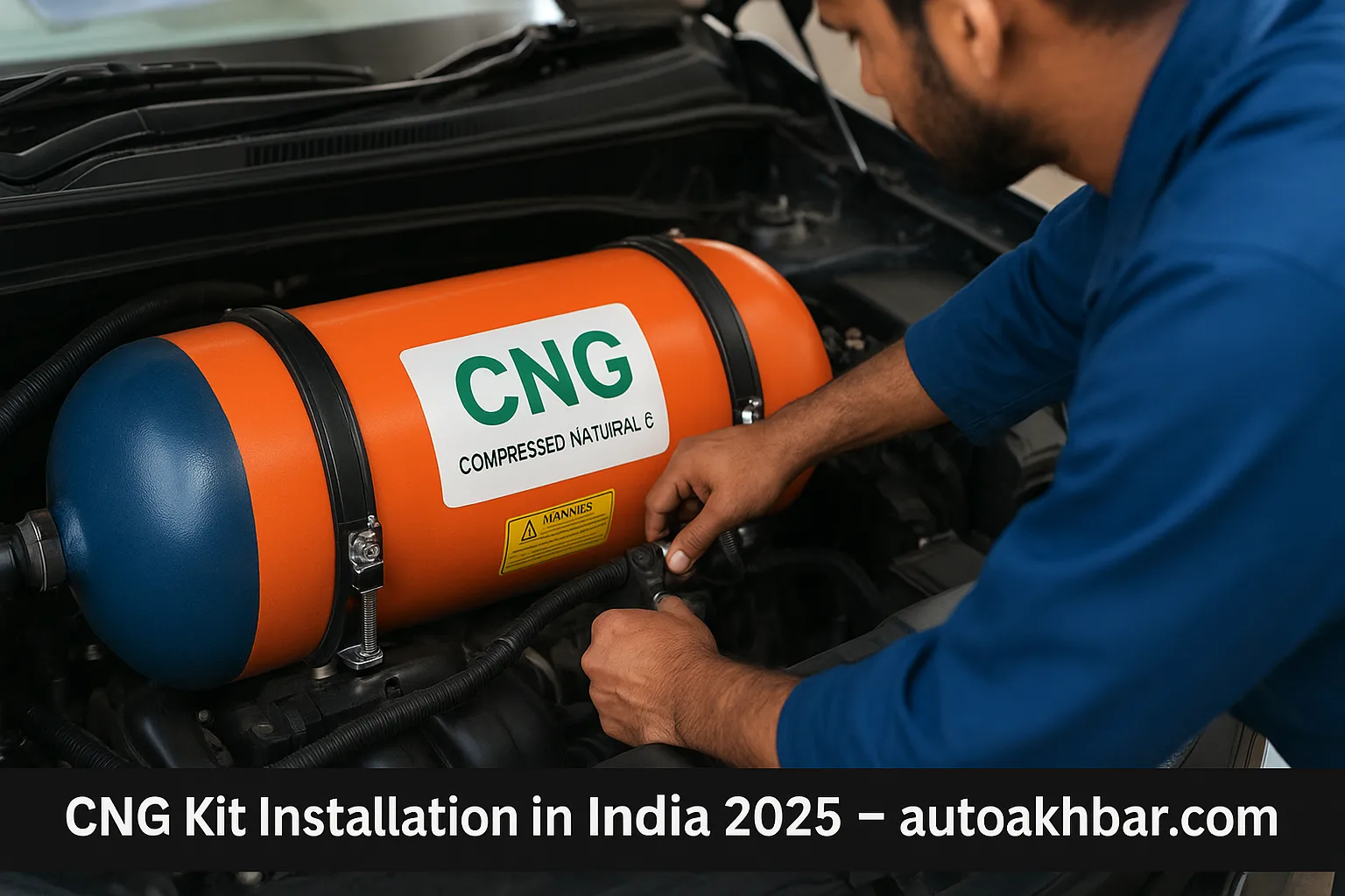 Mechanic installing CNG kit in a petrol car boot in India 2025