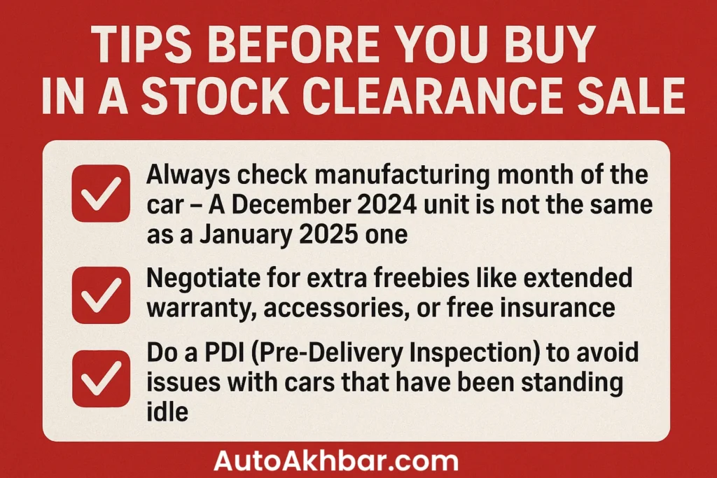 Tips before buying a car in stock clearance sale – check manufacturing month, ask for freebies, and do PDI
