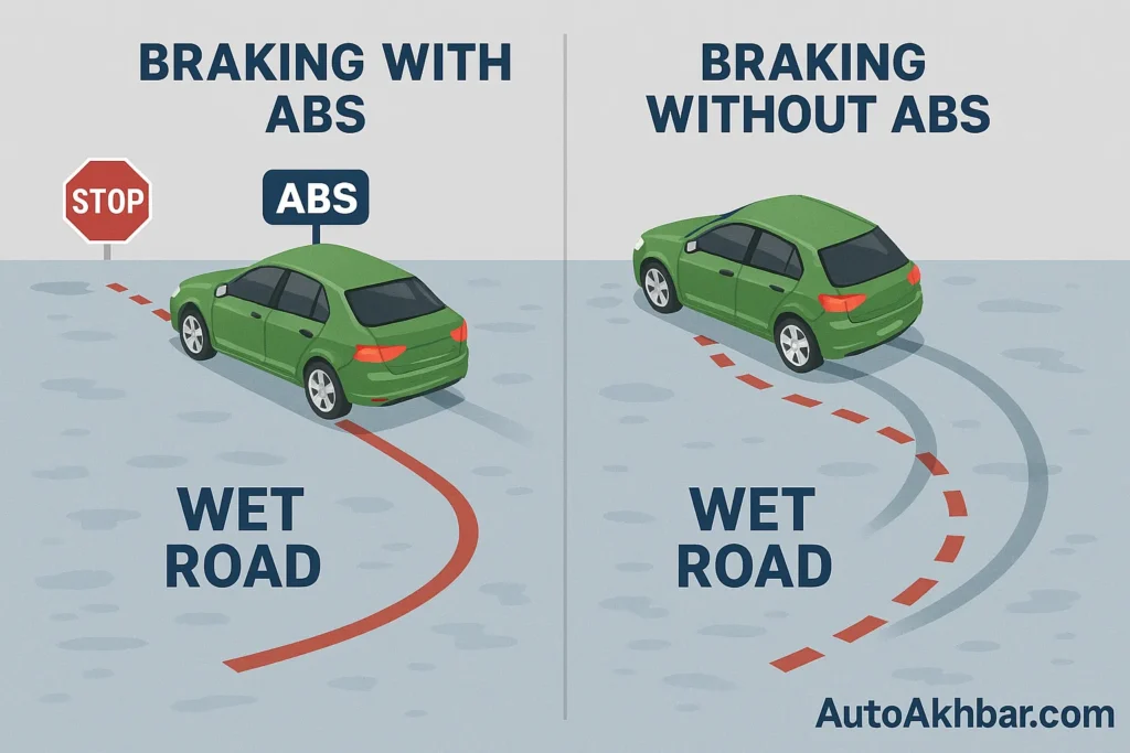 ABS system preventing car from skidding on wet road