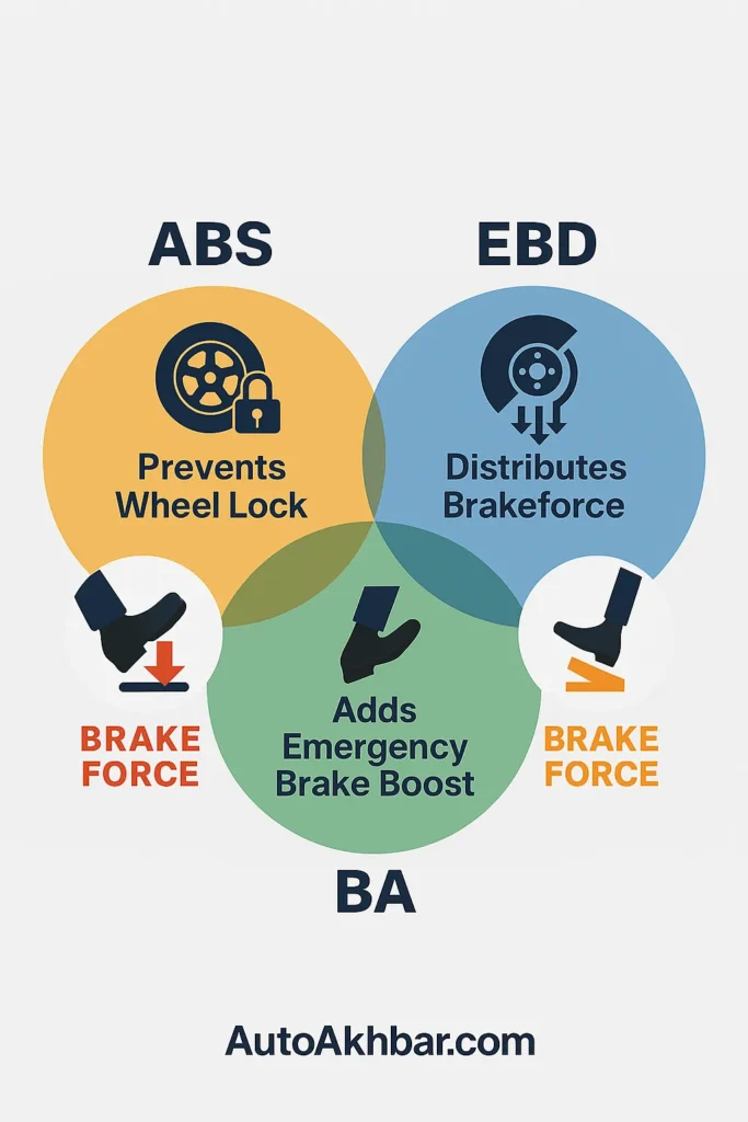 Comparison of ABS, EBD, and BA in car safety features