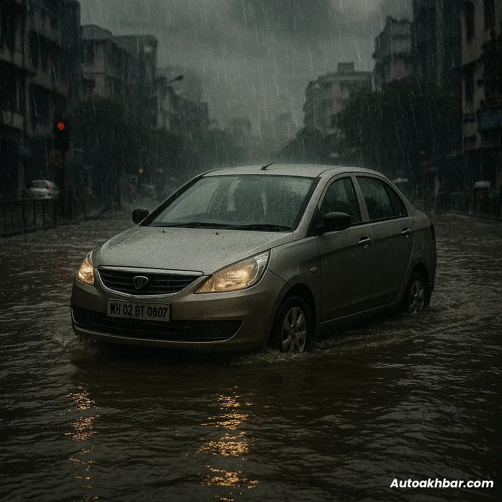 Car driving through shallow floodwater during Indian monsoon – autoakhbar.com