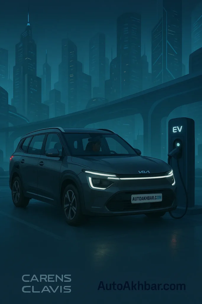 Kia Carens Clavis EV at a charging station in a futuristic city – autoakhbar.com