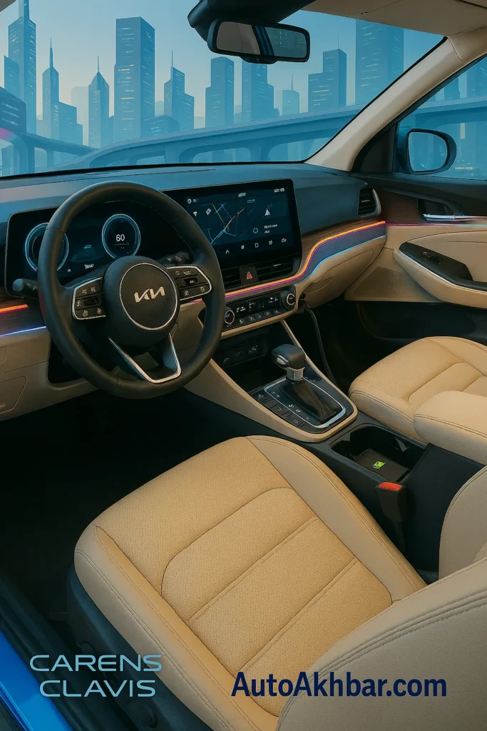 Interior of Kia Carens Clavis EV with dual screens and ambient lighting – autoakhbar.com