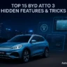 Futuristic BYD Atto 3 electric SUV parked on a city road at night with glowing headlights and floating digital dashboard icons showcasing hidden features like rotating touchscreen, wireless charging, and one-touch door unlock.