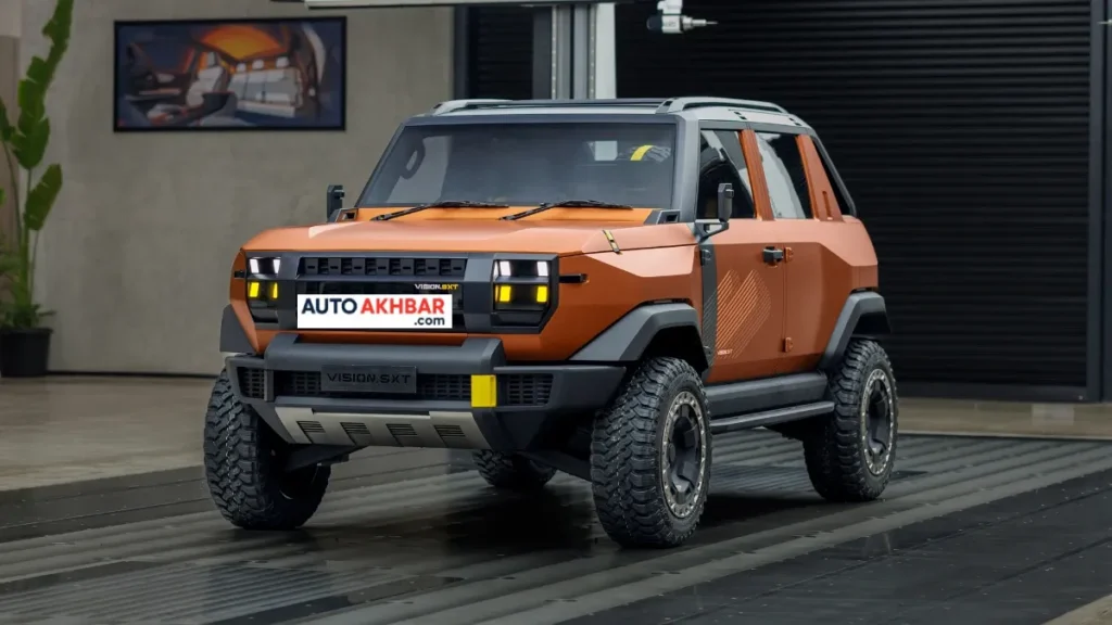 Mahindra Vision SXT pickup SUV concept front three-quarter view in matte black with pixel headlights