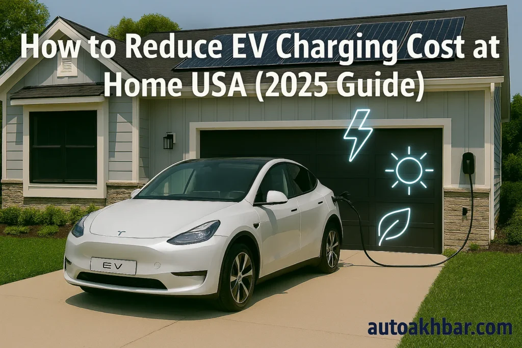 How to reduce EV charging cost at home in USA 2025 guide – Tesla charging with solar panels and cost-saving graph – autoakhbar.com