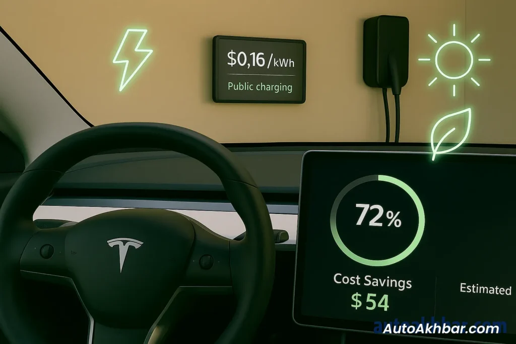 EV charging dashboard showing home electricity cost savings vs public charging in the USA – autoakhbar.com