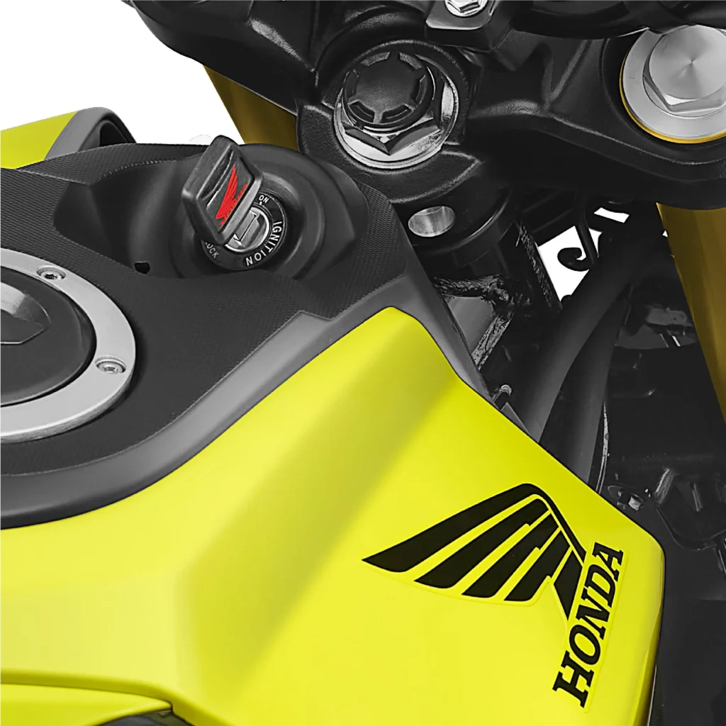 Honda CB 125 Hornet 2025 in Lemon Ice Yellow color with sporty design and gold USD forks