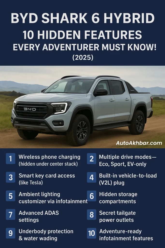 Infographic of BYD Shark 6 Hybrid showcasing 10 hidden features for adventurers in 2025 – AutoAkhbar.com