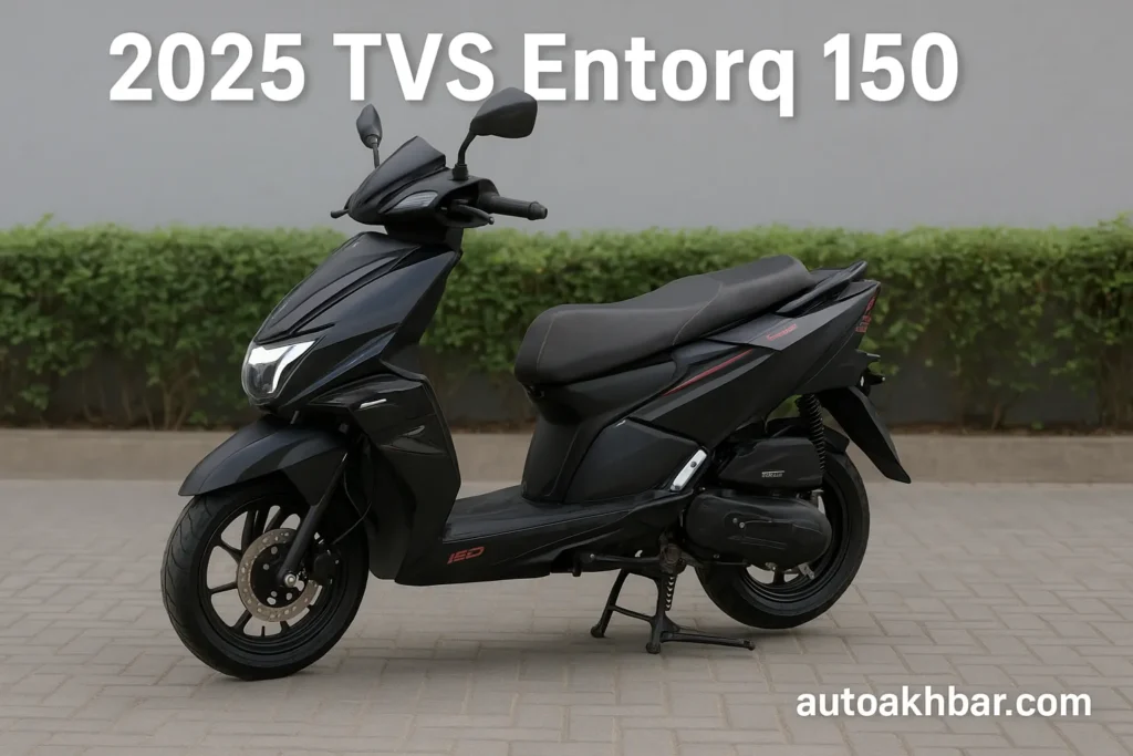 2025 TVS Entorq 150 scooter side profile in matte black with sporty design parked on a paved surface.
