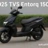 2025 TVS Entorq 150 scooter side profile in matte black with sporty design parked on a paved surface.