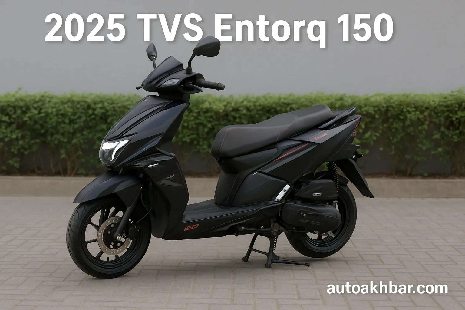 2025 TVS Entorq 150 scooter side profile in matte black with sporty design parked on a paved surface.