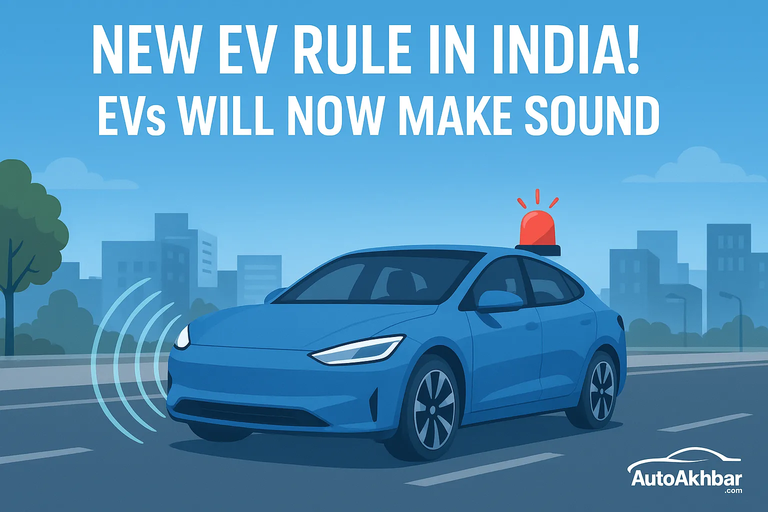 Blue electric vehicle emitting sound waves on a city road, highlighting India's new EV sound regulation