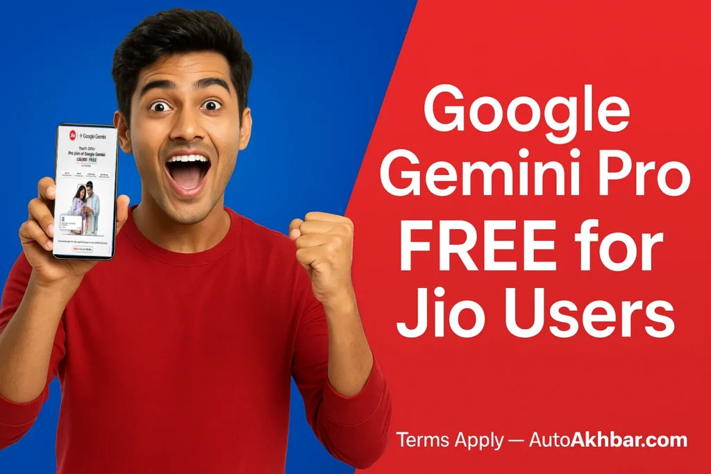 Excited young man holding smartphone promoting Google Gemini free for Jio users offer
