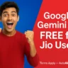 Excited young man holding smartphone promoting Google Gemini free for Jio users offer