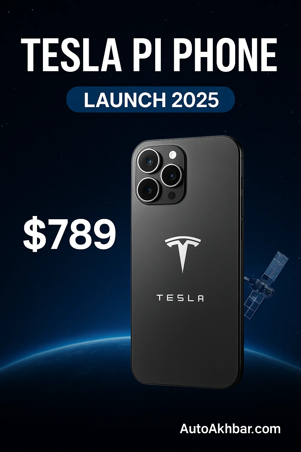 Tesla Pi Phone 2025 official design with triple camera, Starlink logo, and futuristic body showcased.