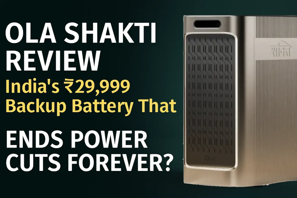 Ola Shakti battery in copper and dark gray finish with ₹29,999 launch price, featured in a modern Indian home as a smart backup solution to end power cuts. Ola Shakti Review