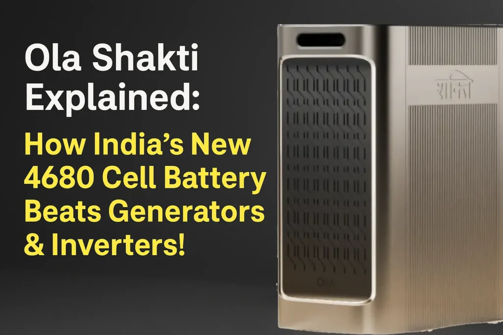 Ola Shakti battery in beige finish with 4680 cell technology, compared against traditional inverter and diesel generator in a modern Indian home Ola Shakti Explained